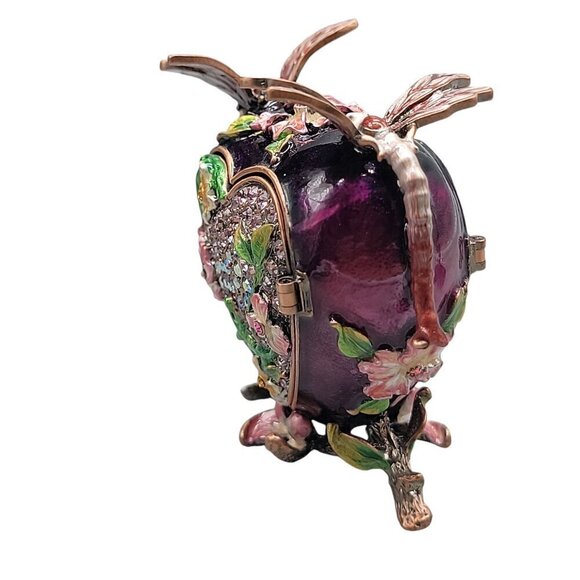 Heart Trinket Box Purple Enamel Pave Rhinestone Acccent Flowers Dragonflies - Picture 15 of 16